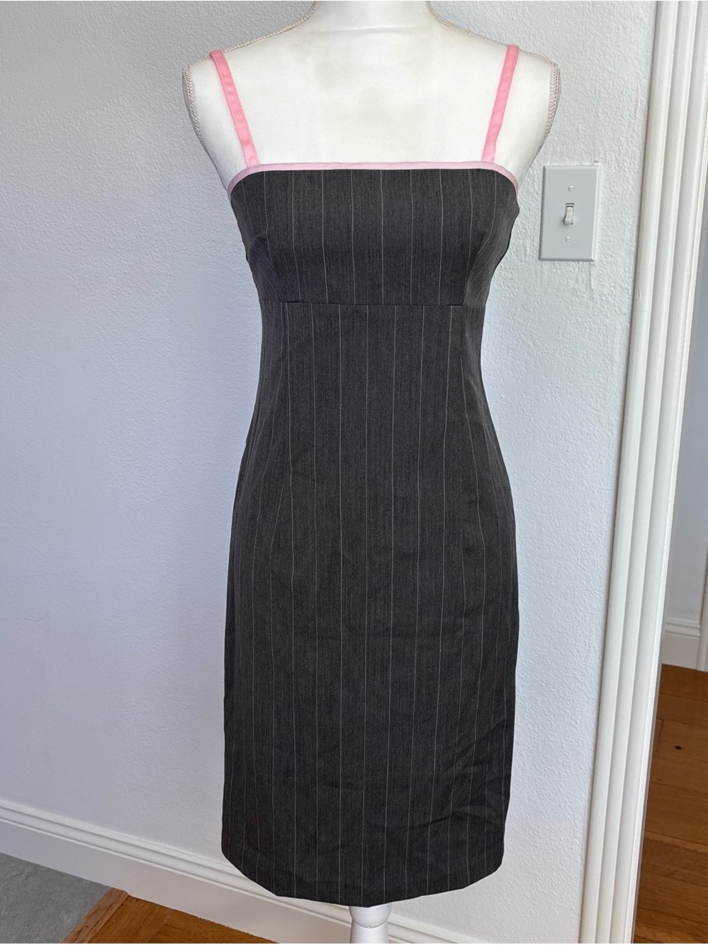 Dark Gray Pinstripe Sheath Dress with Pink Trim